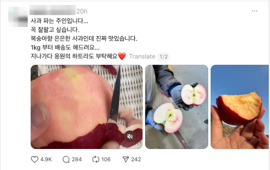 농산물 · 파는 마음을 먼저 꺼내고 영상·사진으로 상품을 보여준 뒤 「하트라도 부탁해요」 → 좋아요 4,900으로 노출, 주문·배송 안내로 연결